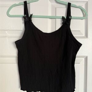 Black Ribbed Women's Top with butterfly strap detail